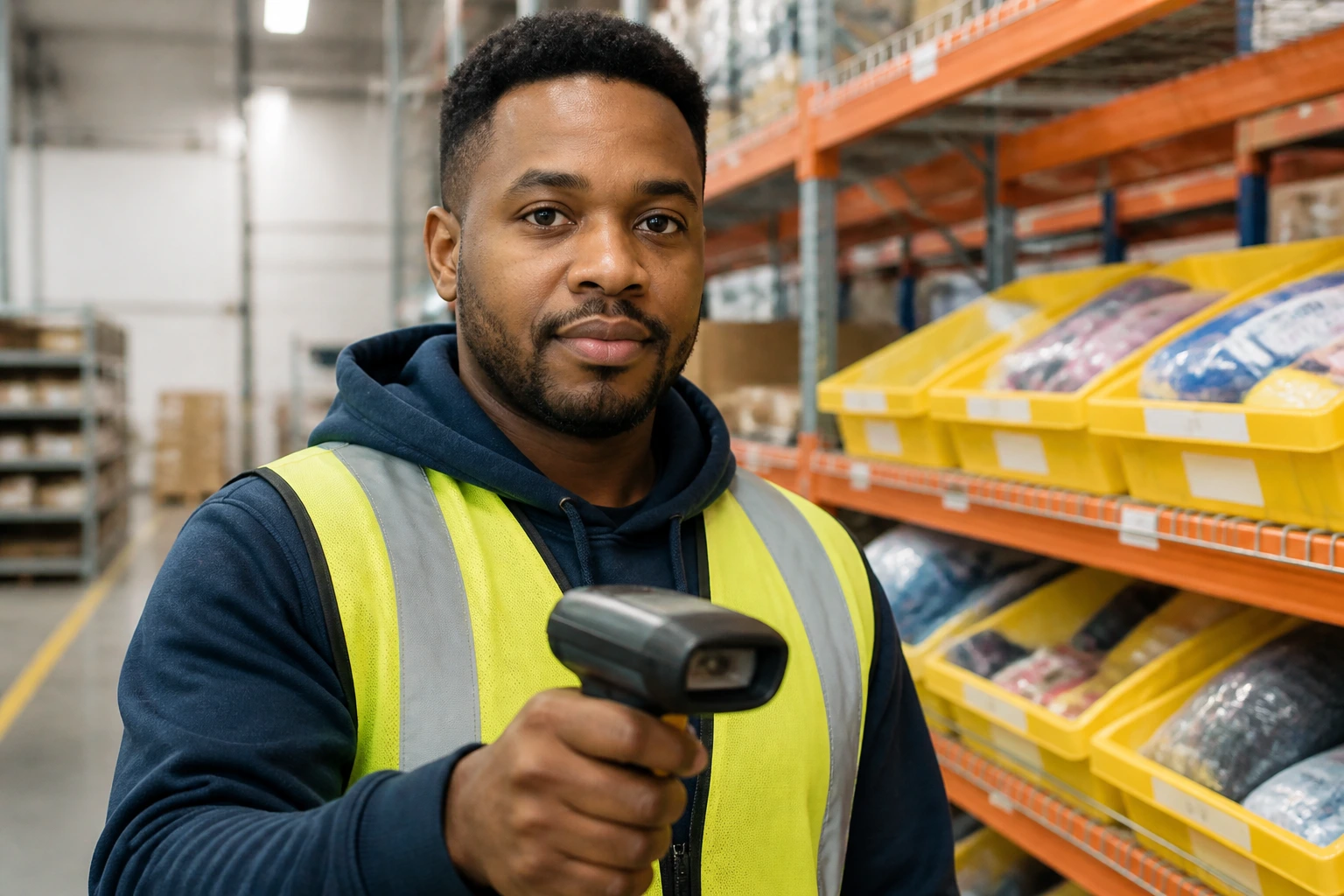 Portrait of a warehouse worker using an RF scanner in a fulfillment environment