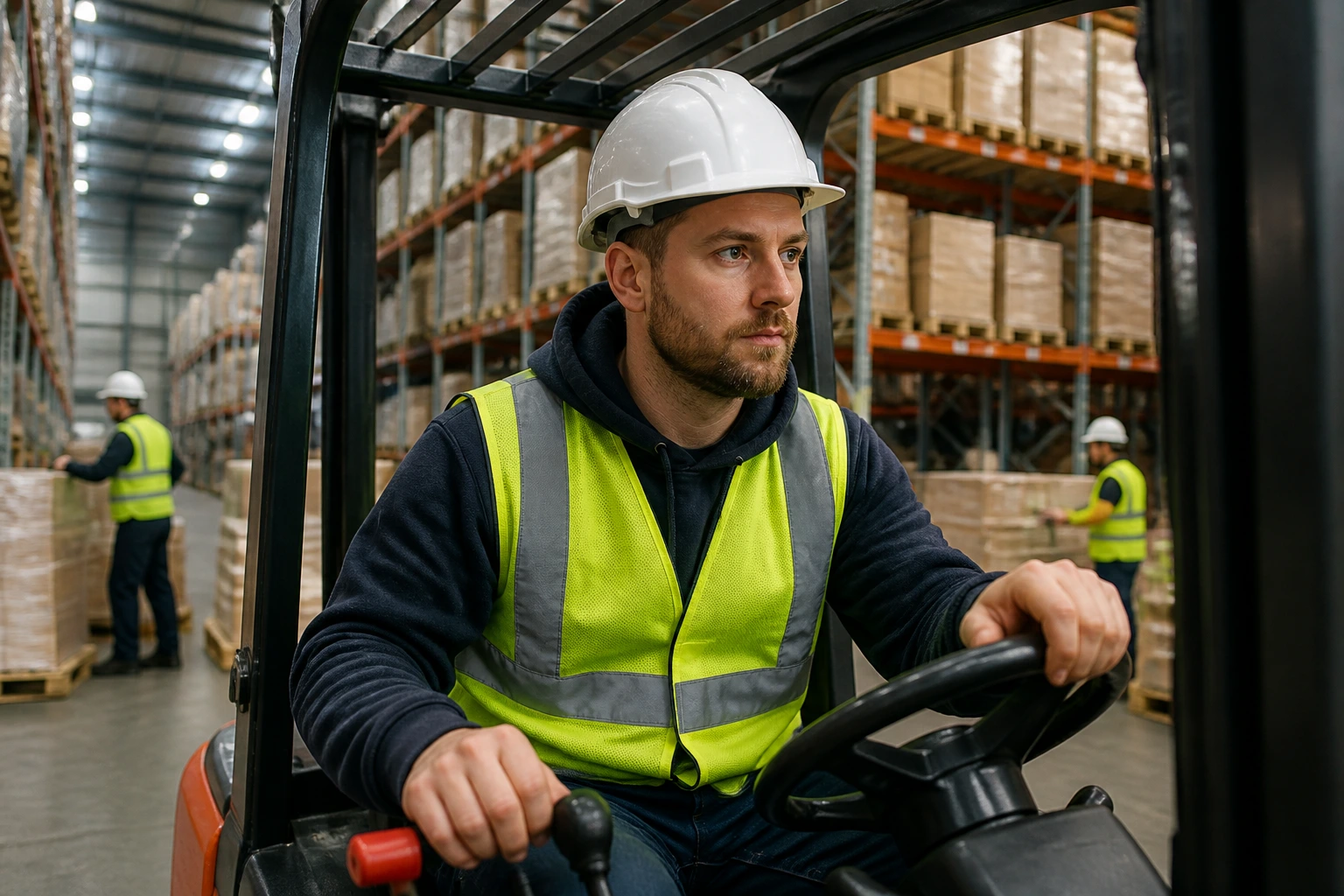 Forklift operator in hi-vis gear inside a busy Australian warehouse