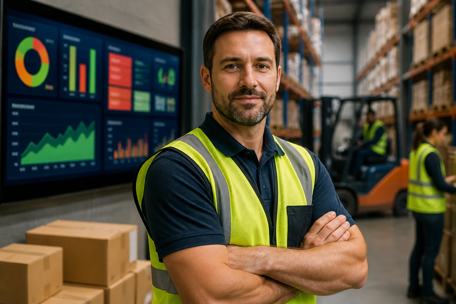 Portrait of a warehouse supervisor in hi-visibility gear in a busy warehouse