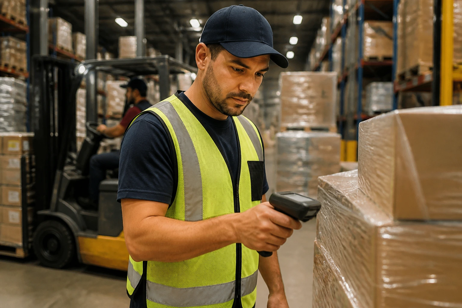 Operator using handheld scanner to log pallets in a busy warehouse.
