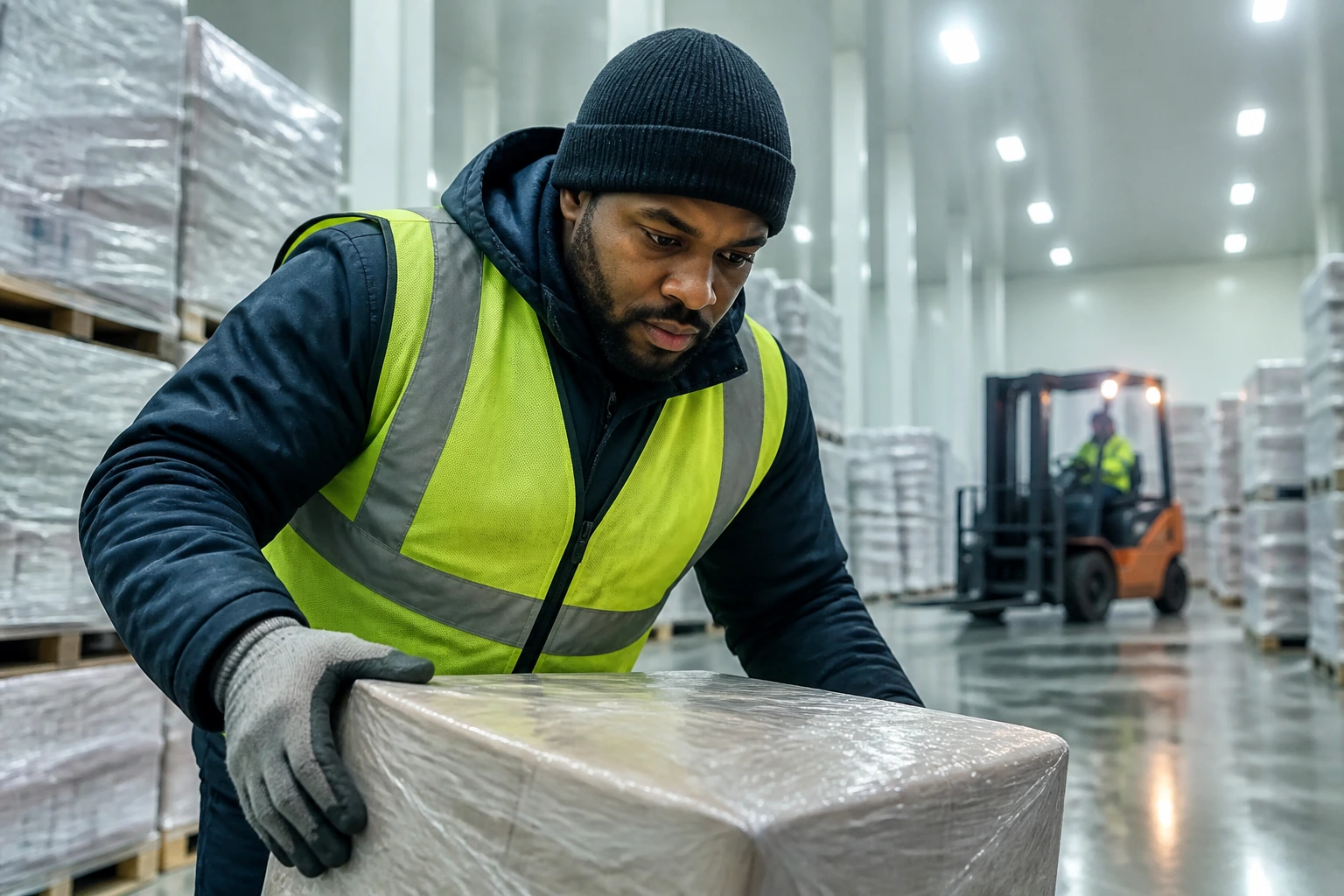 Warehouse worker in cold storage environment, focused during a shift