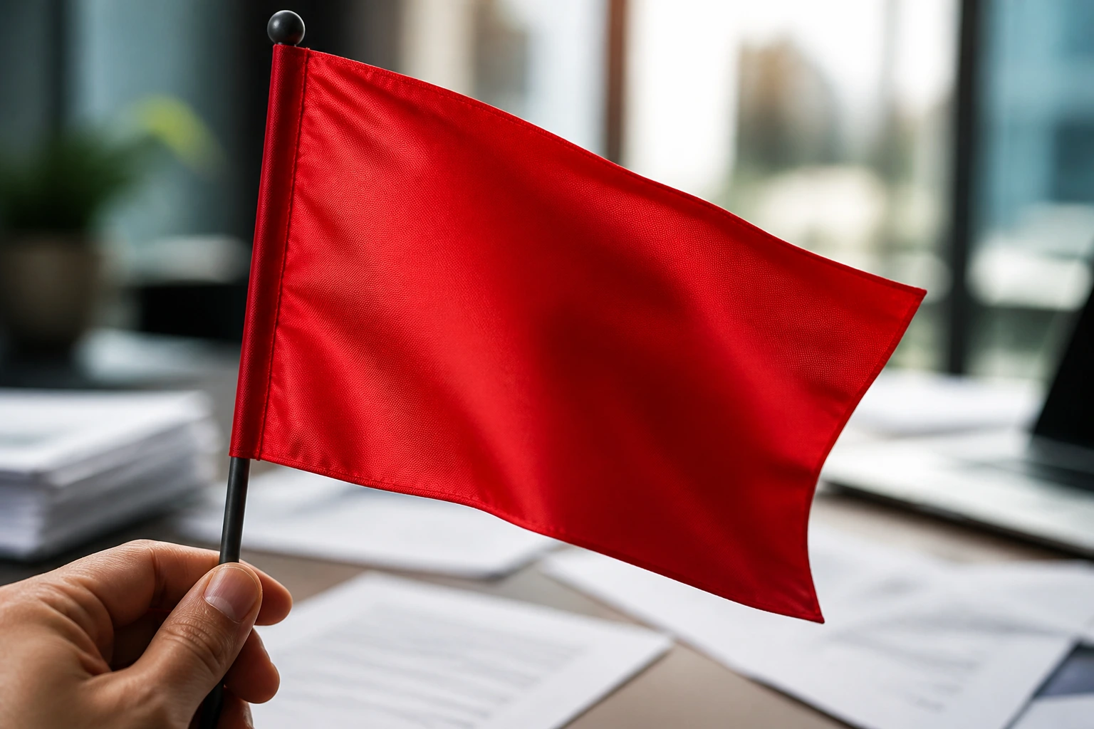 Close-up of a red warning flag over blurred office papers