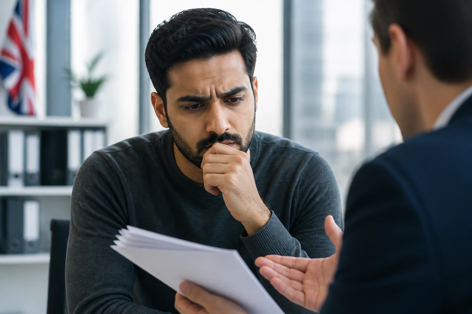 Close-up of a wary client in a modern UK office illustrating red flags in immigration services