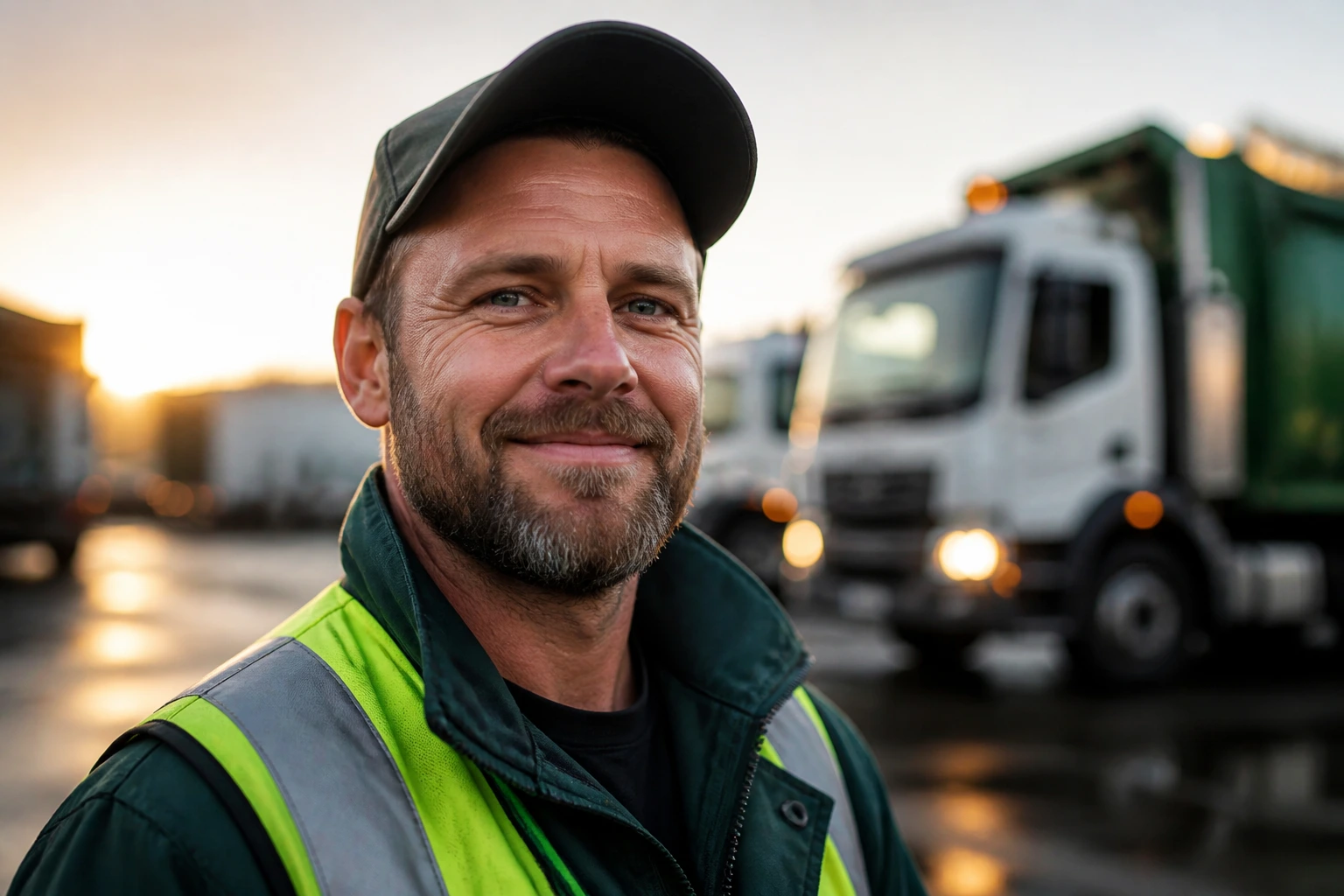 Close-up portrait of a waste worker at dawn with depot background