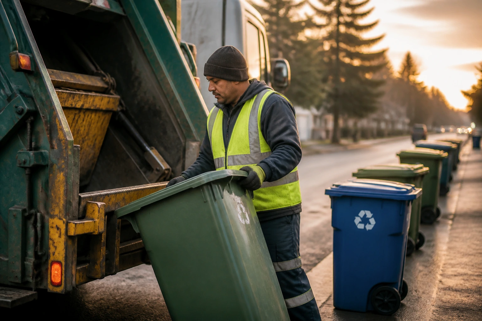 Sanitation worker loading bins beside a garbage truck at dawn