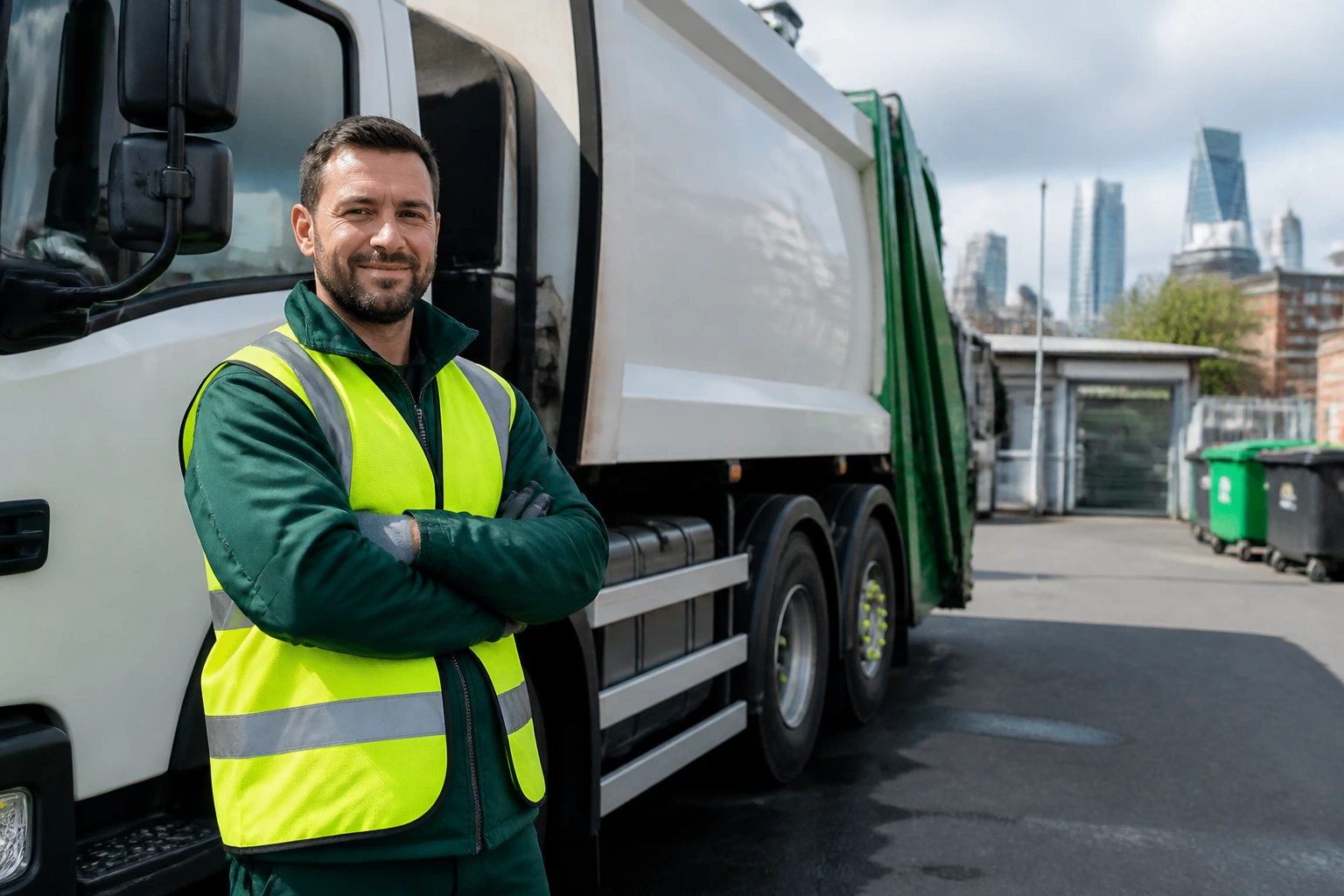Worker in hi-vis near refuse truck in depot