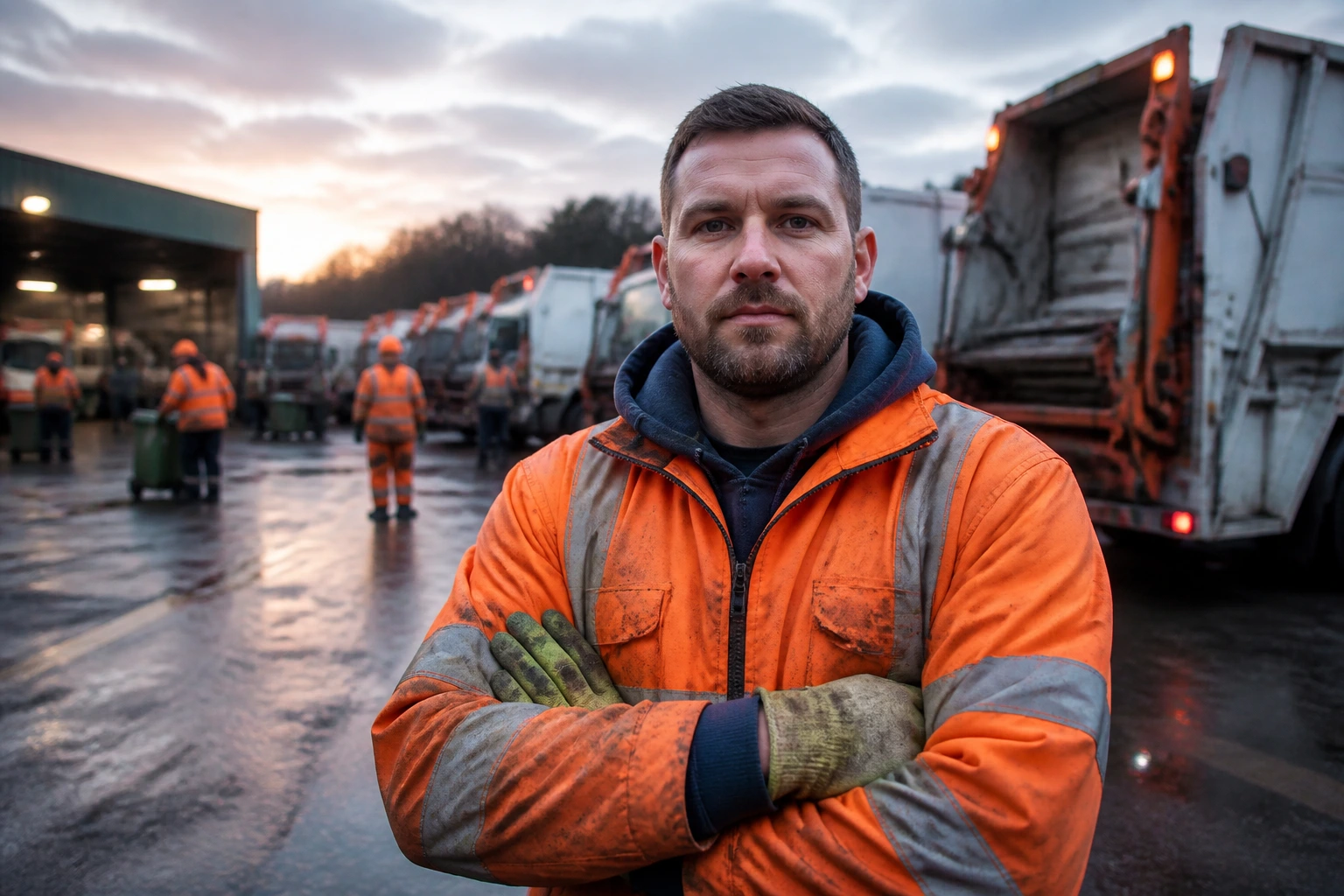 Close-up of a waste operative in hi-vis gear at a dawn depot