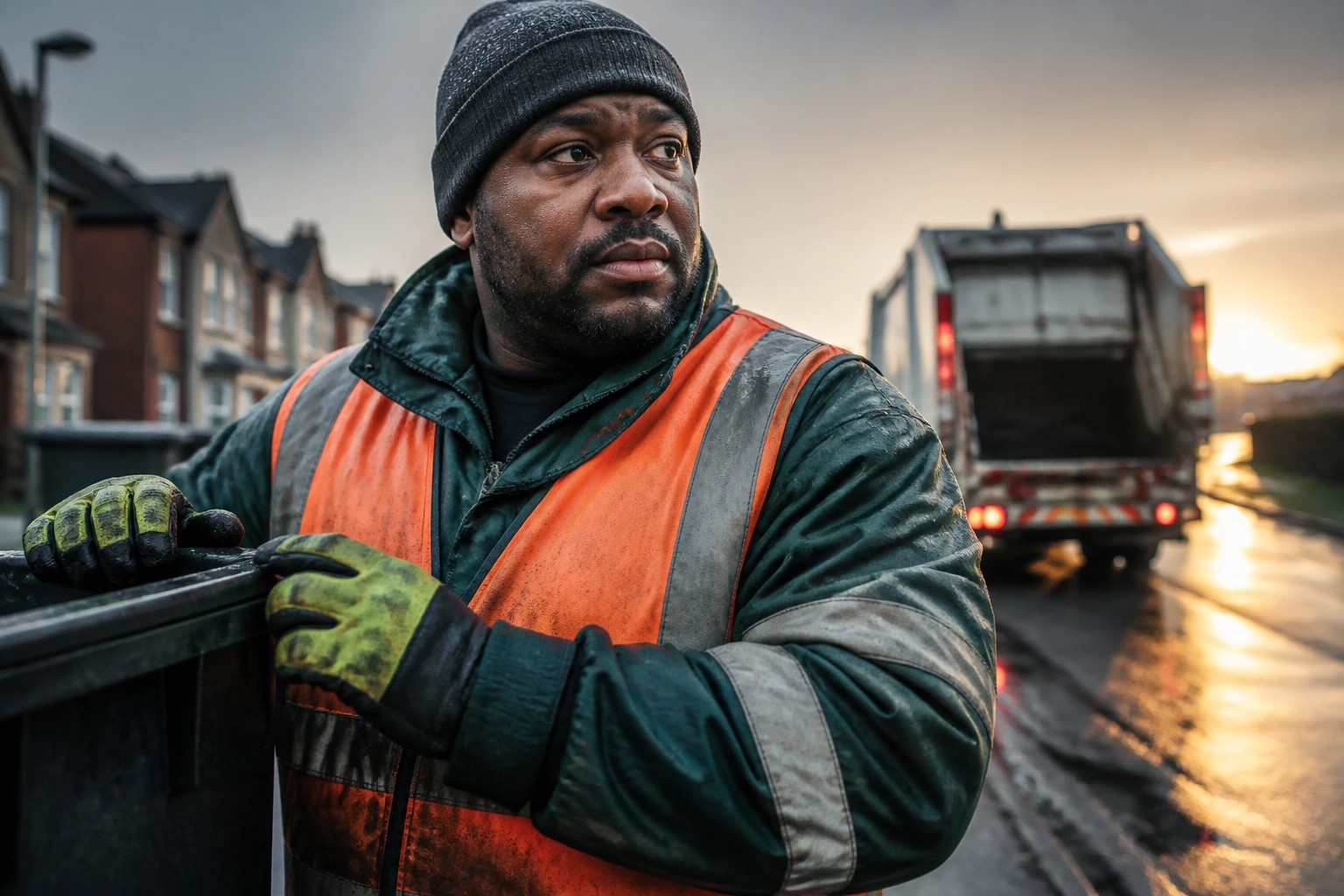 Waste collection operative in high-visibility gear outdoors at dawn