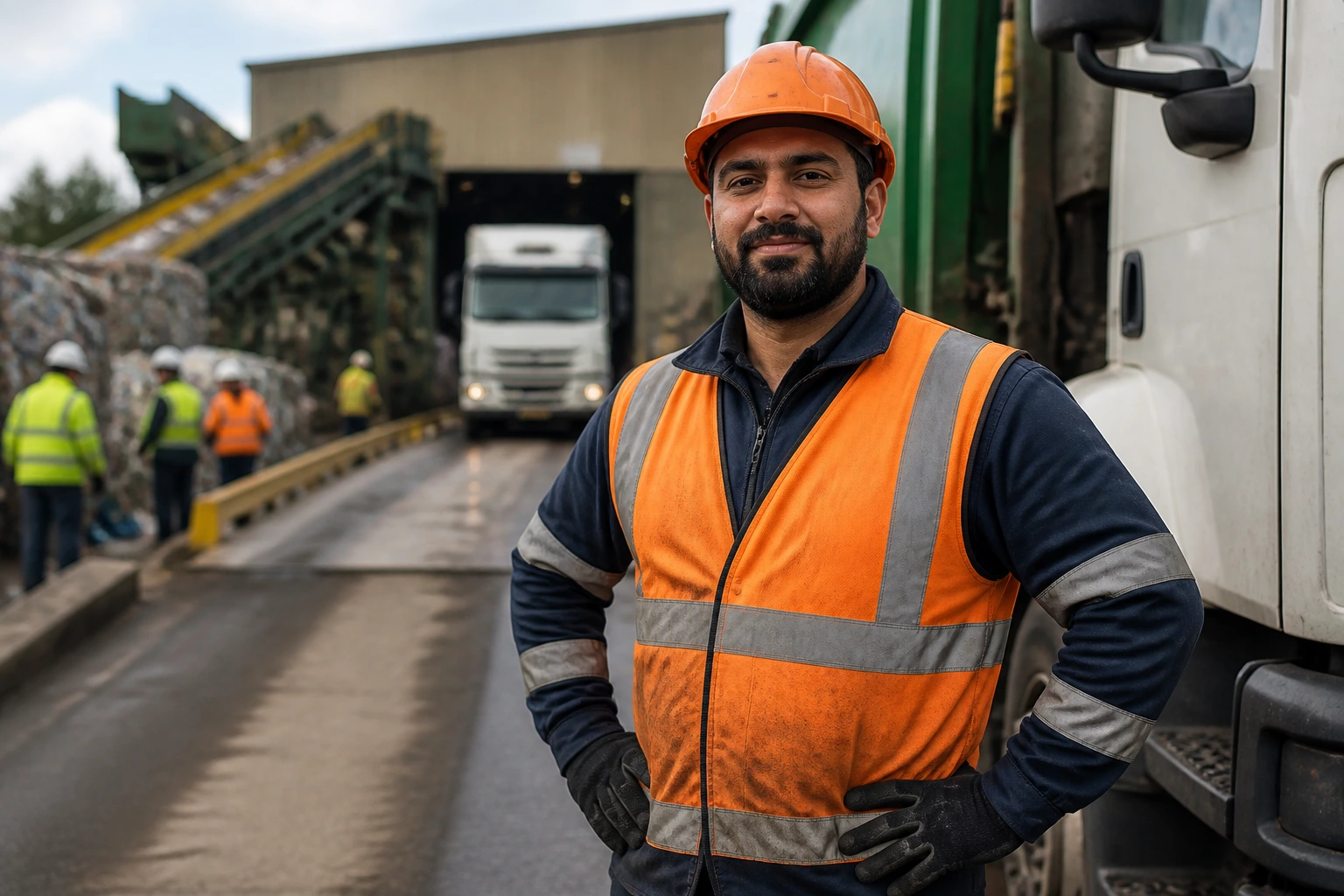 Waste worker in PPE awaiting advancement to leadership or driver roles at a depot