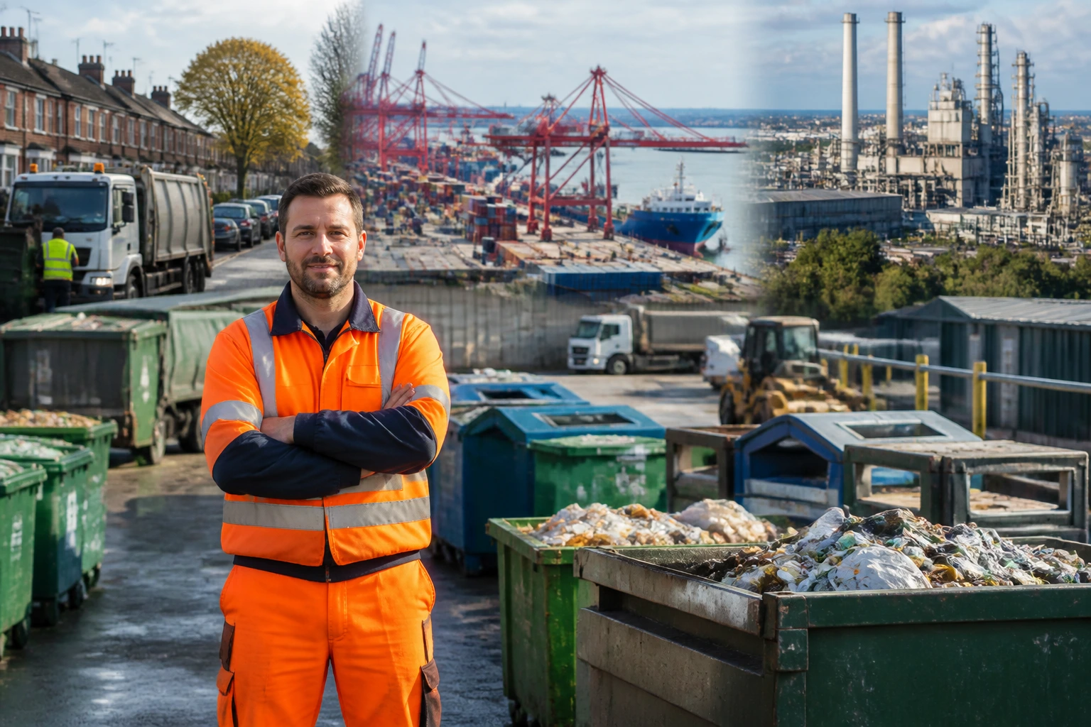 Portrait of a waste operative in PPE at a depot with urban, port, and industrial backgrounds symbolizing regional waste hiring clusters
