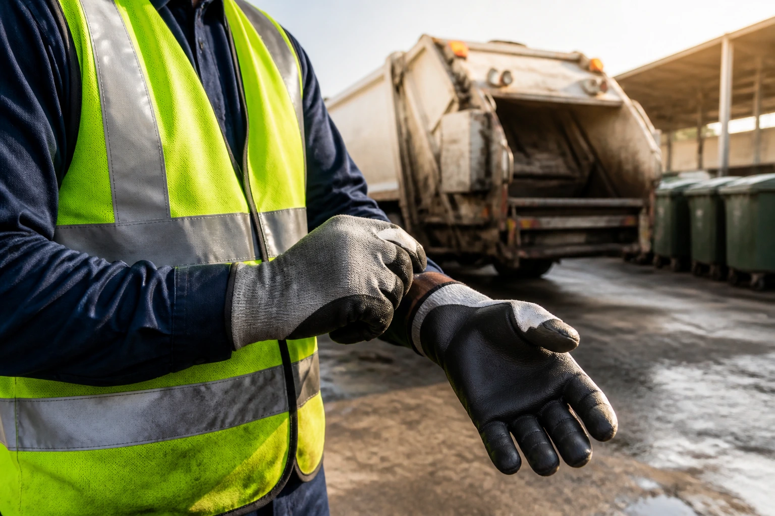 Close-up of a waste worker in PPE performing a safety check in a yard
