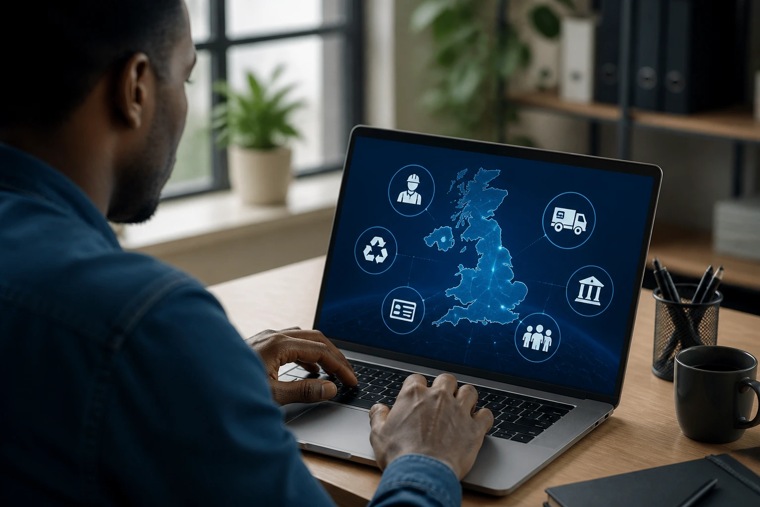 Close-up of a job seeker using a laptop to explore sponsorship options in a UK office