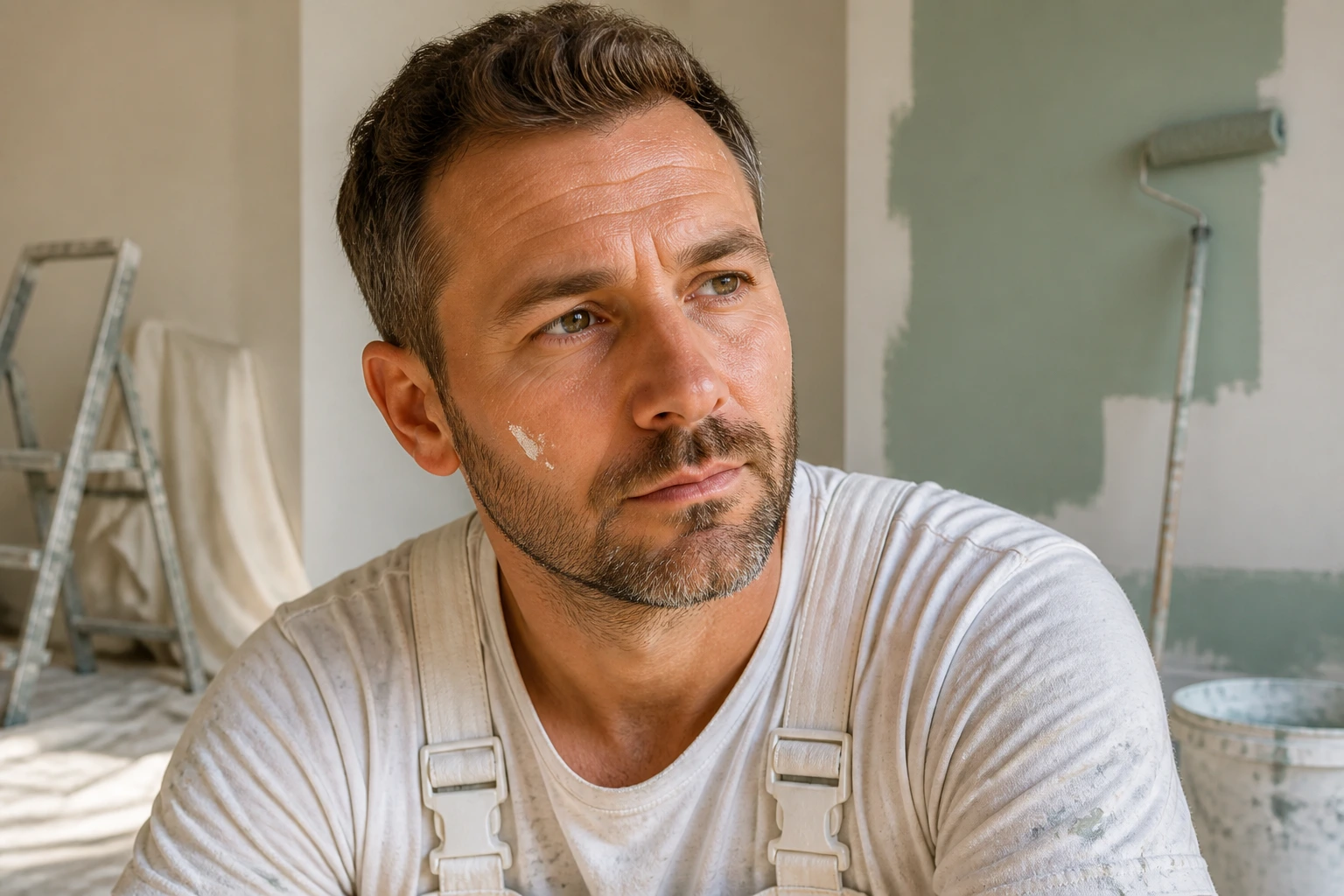 Close-up portrait of a painter on site contemplating pay and hours in a real-world UK setting.