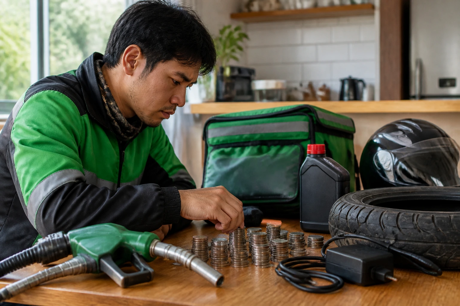 Rider at a table with coins and maintenance gear illustrating expenses.