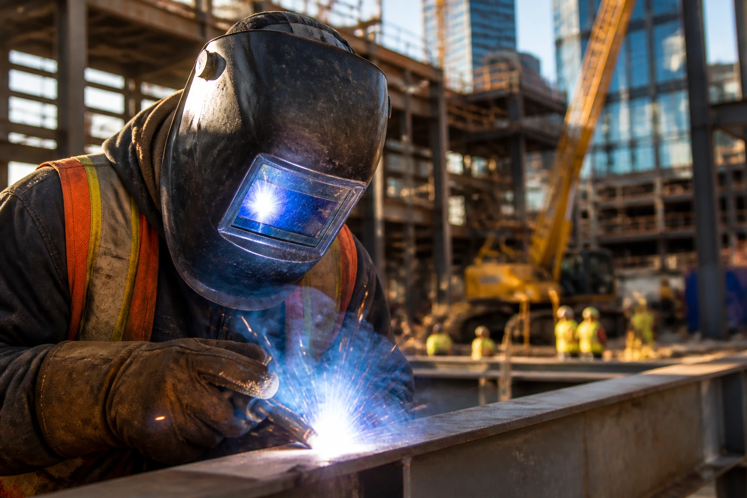 Close-up welder with arc glow on a construction site
