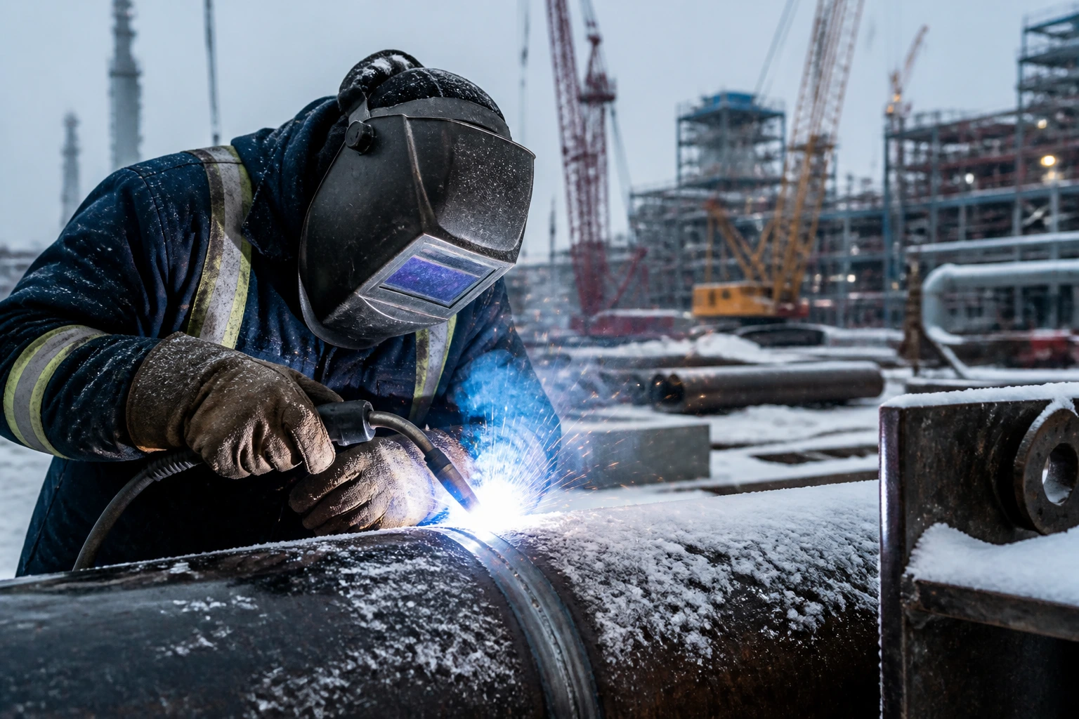Welder in PPE welding at a Canadian industrial site