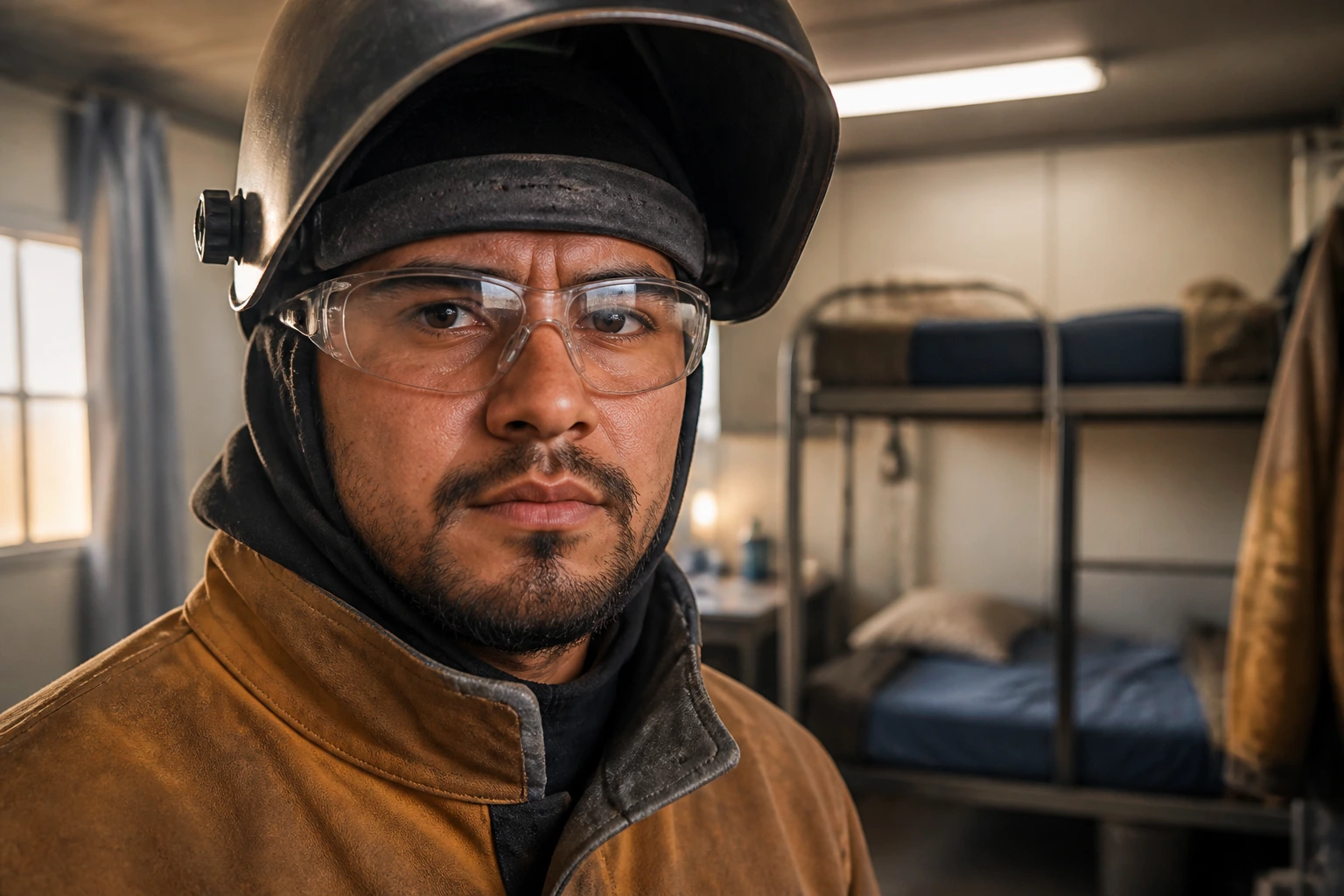 Close-up of a welder in PPE in a dorm-like housing setting, emphasizing safety and daily life on the job