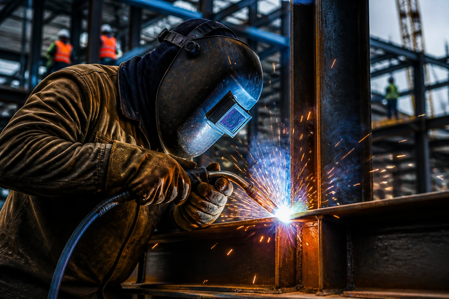 Welder at work on steel frame in a busy workshop