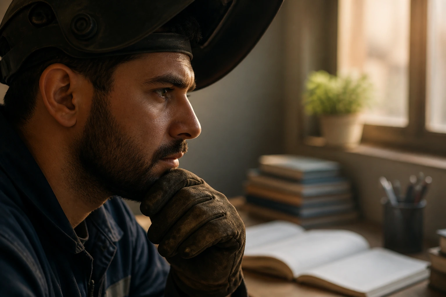 Close-up welder contemplating English language requirements for UK visa; no text visible