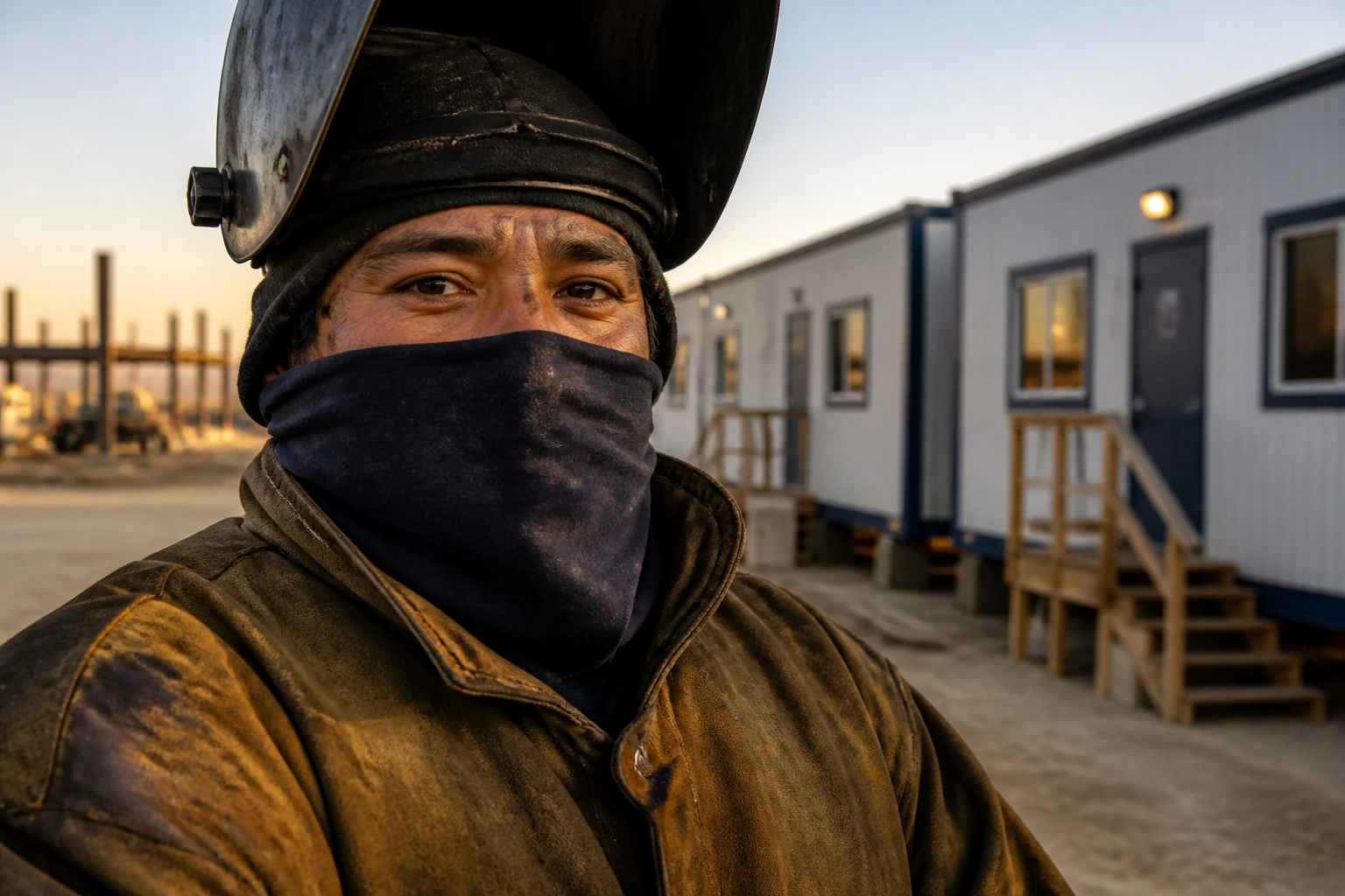 Close-up welder portrait on site with housing trailers in background
