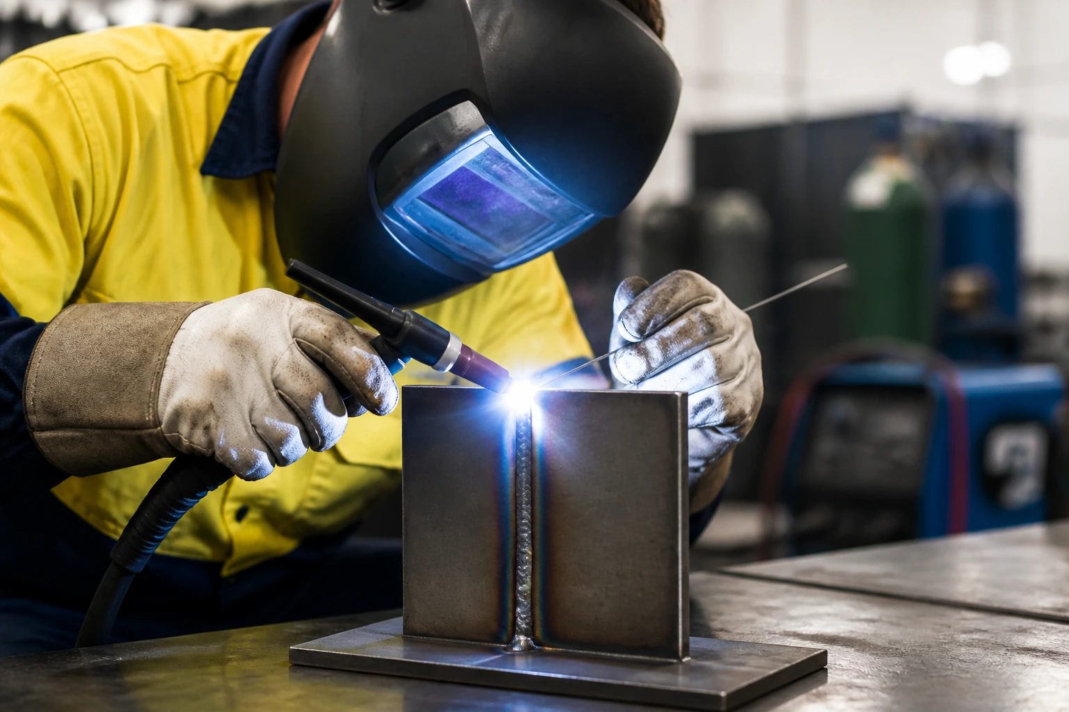 Welder in PPE inspecting a weld on a test piece