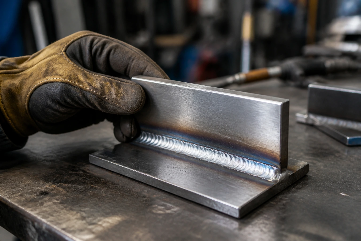 Weld coupon with new bead inspected by gloved hand