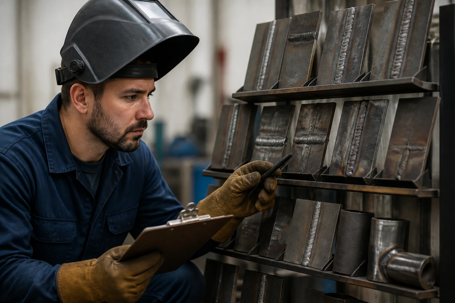 Welder evaluating weld samples on the shop floor