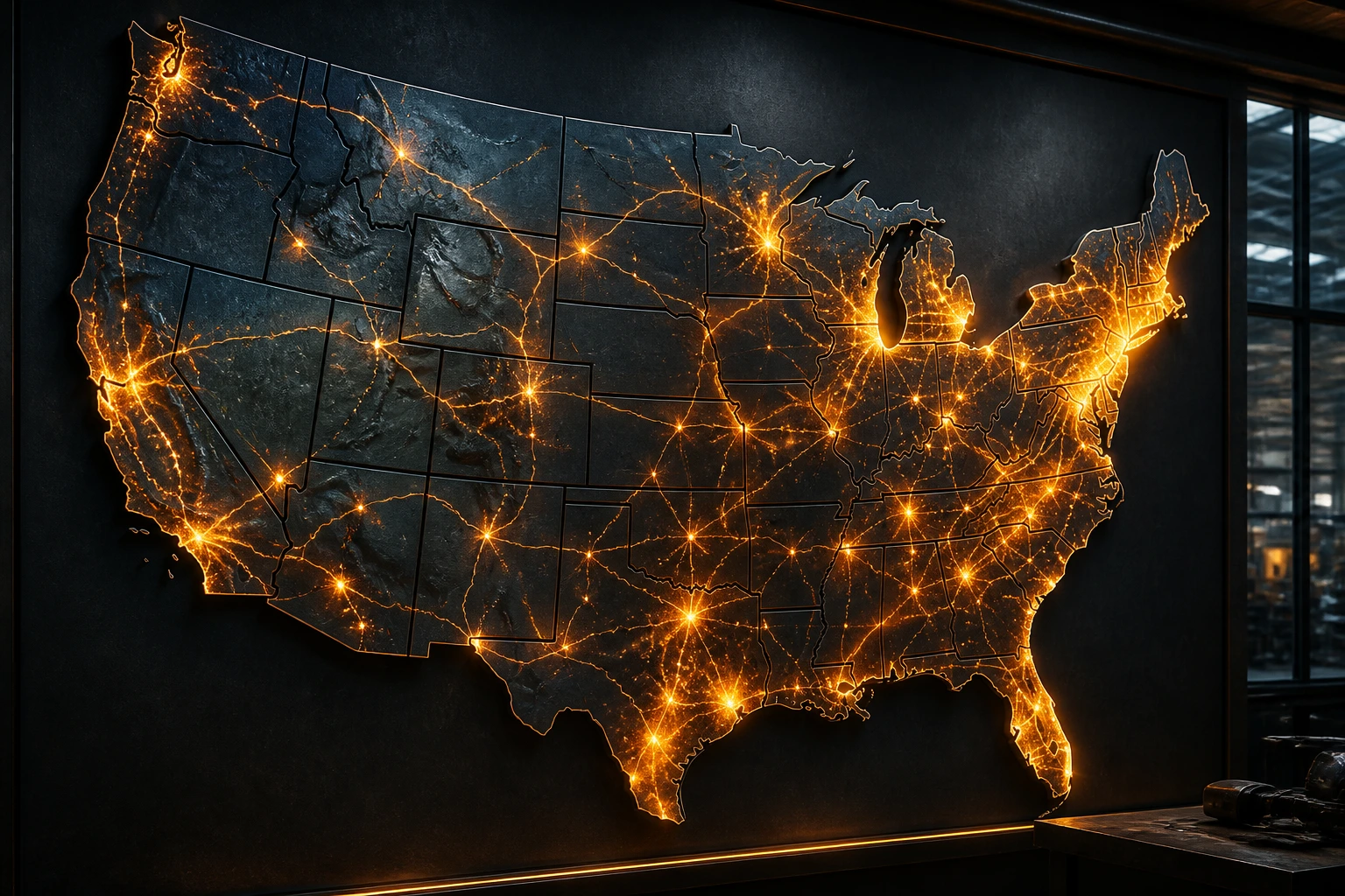 Close-up stylized map of the USA highlighting industrial corridors, no labels