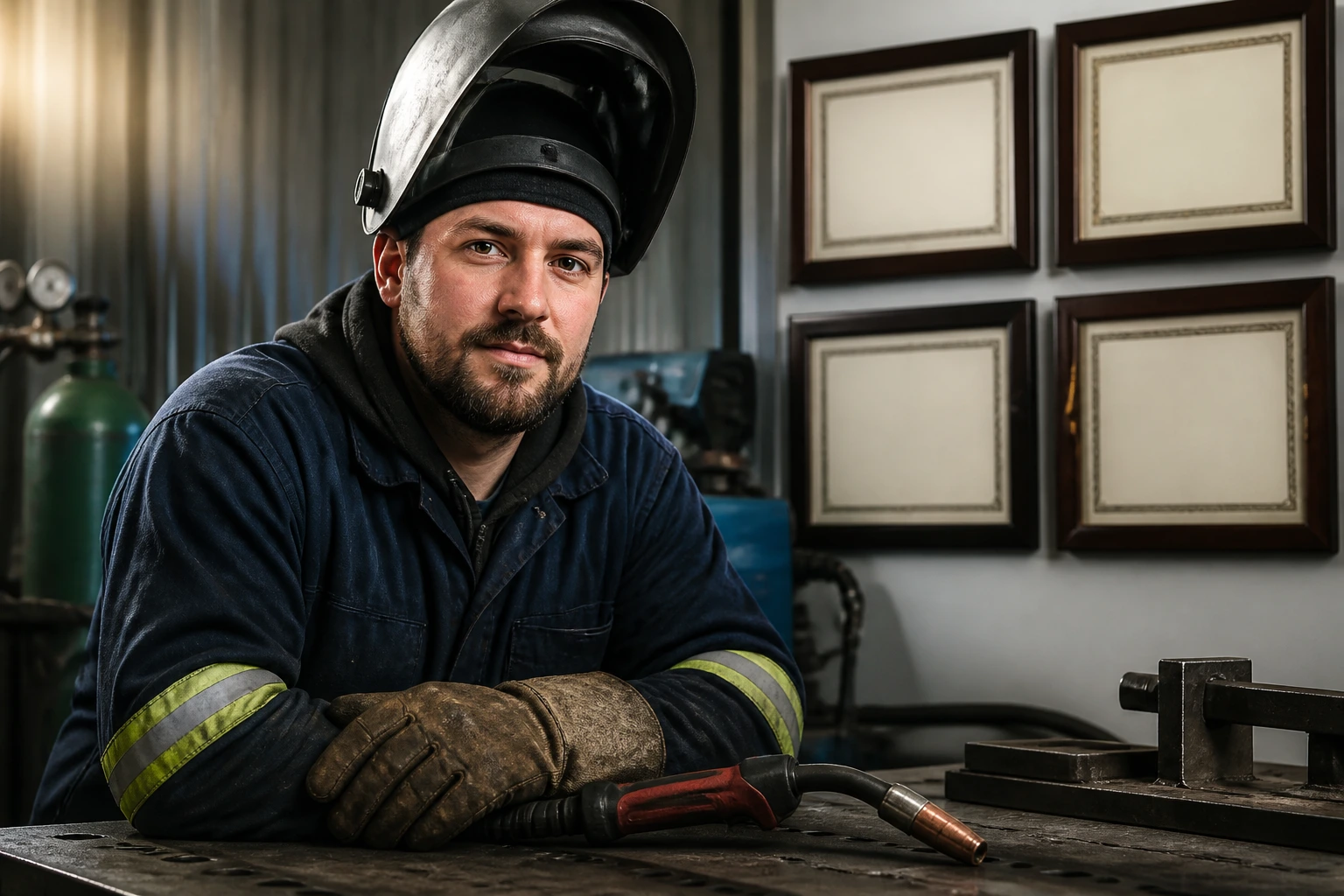 Welder in a workshop with blank framed certificates behind