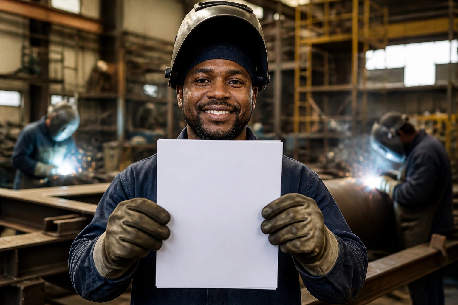 Person presenting a resume in a welding workshop