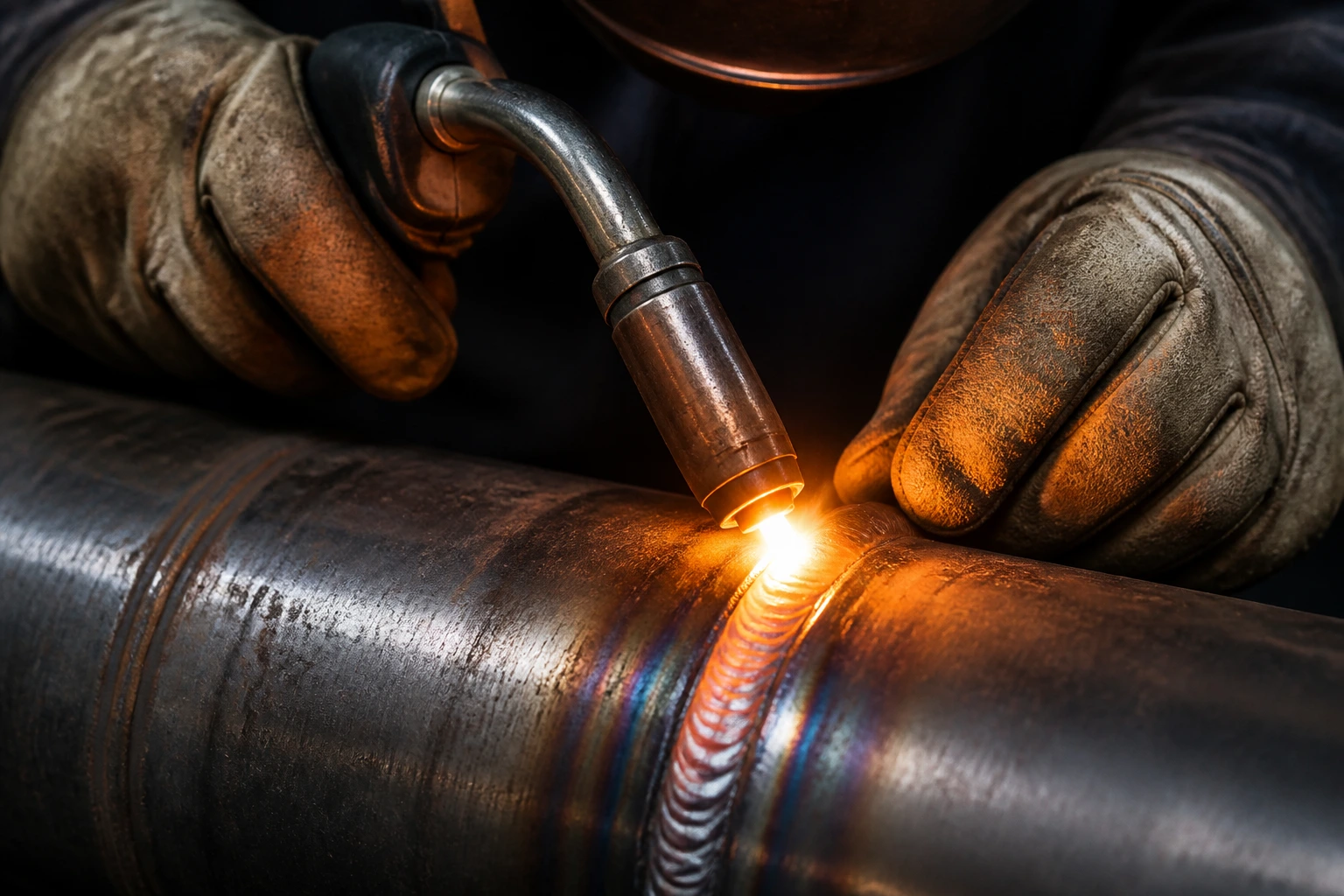 Gloved hands welding a pipe with a bright bead in a shop