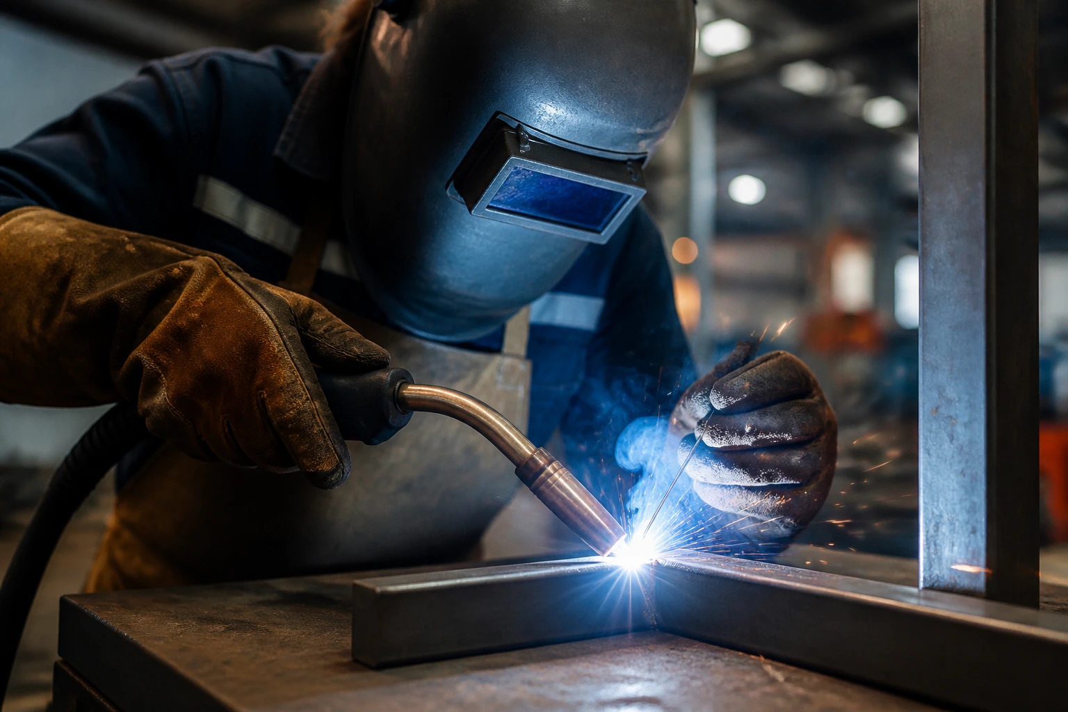 Close-up of a welder's hands performing a weld test in a workshop