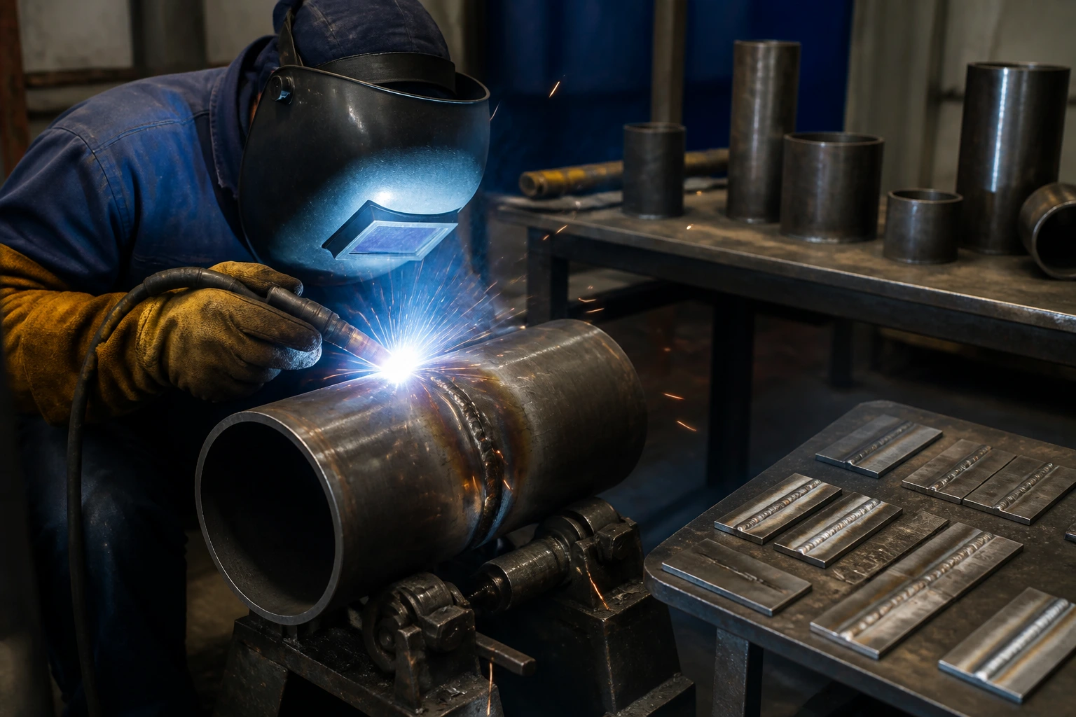 Welder performing a pipe weld test in a Canadian workshop