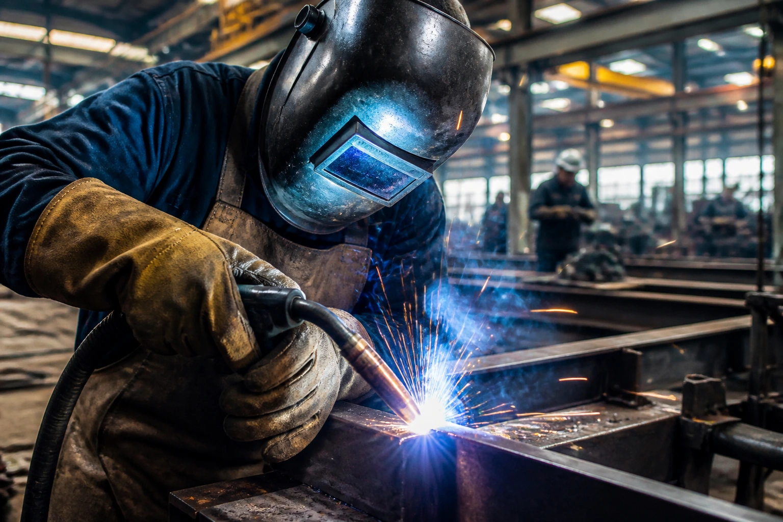 Close-up of a welder's gloved hands holding a welding torch in a metal shop