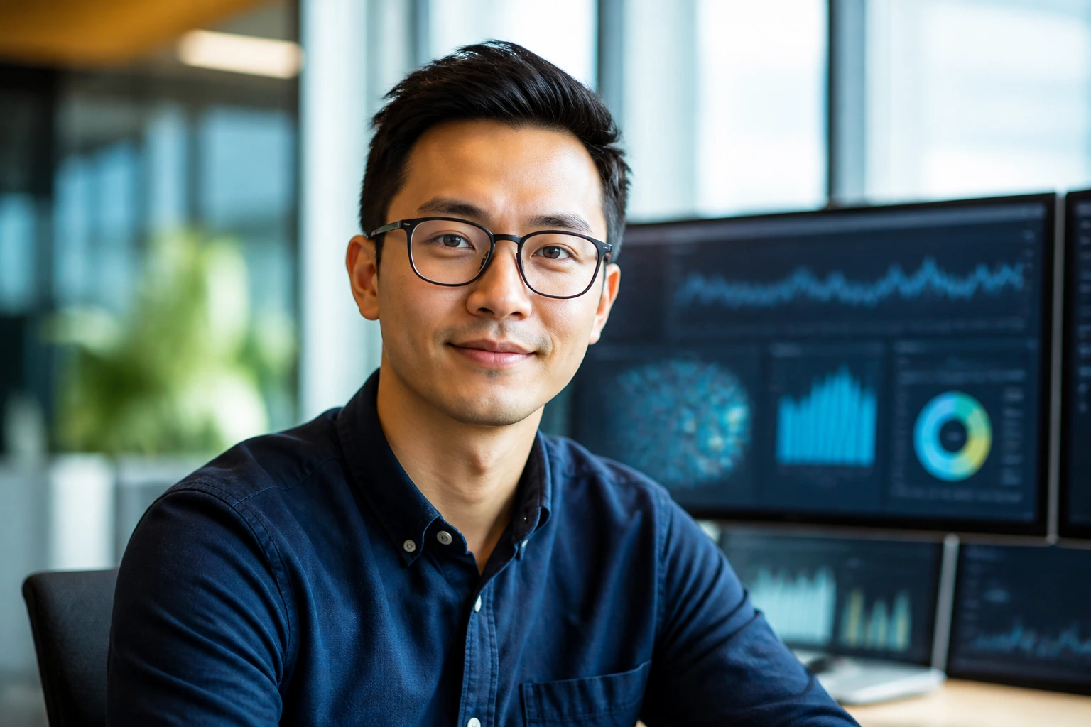 Portrait of a Wesfarmers data scientist in a modern office with abstract data visuals