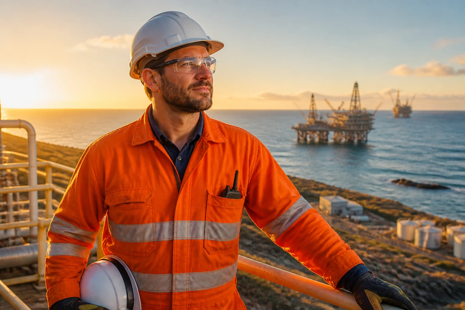 Petroleum engineer in PPE at an Australian project site with rigs in the background