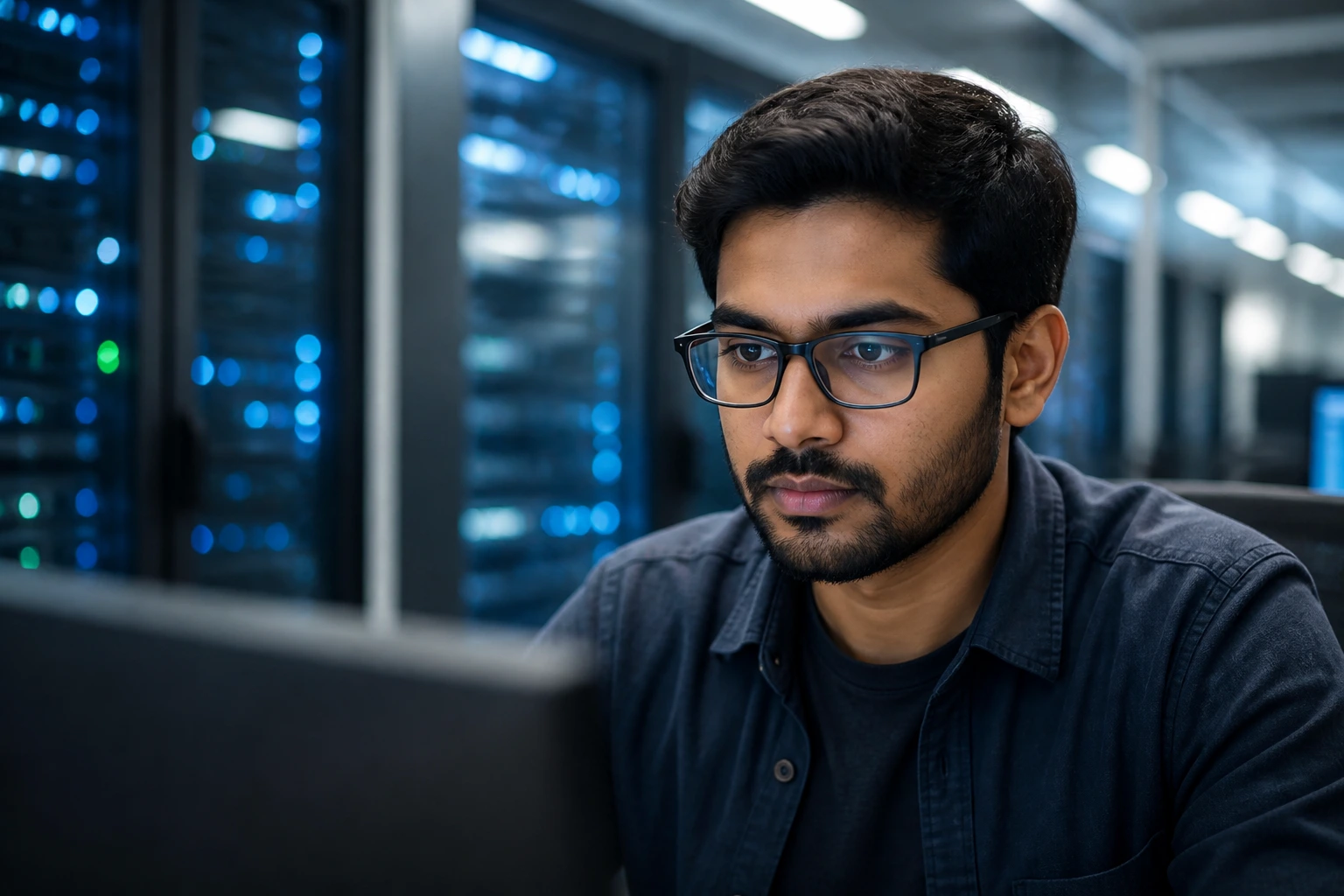 Close-up portrait of a backend engineer in a modern office environment