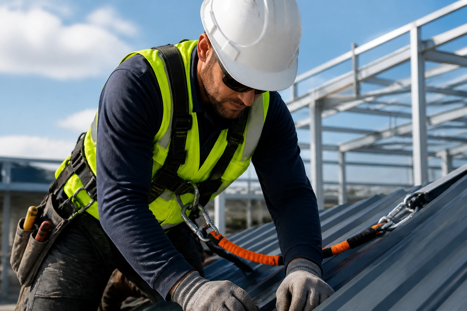 Roofer on a roof wearing a white helmet and safety harness