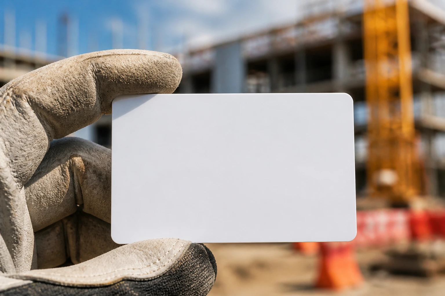 Close-up of a plain white safety card held by a gloved hand on a construction site, no text.