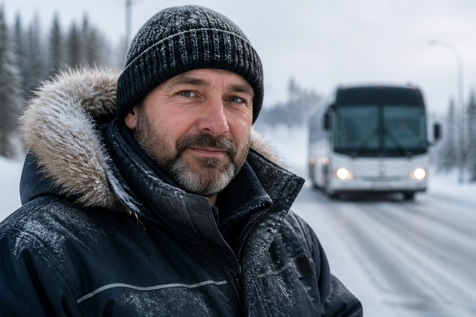 Bus driver in winter gear in a snowy outdoor setting.