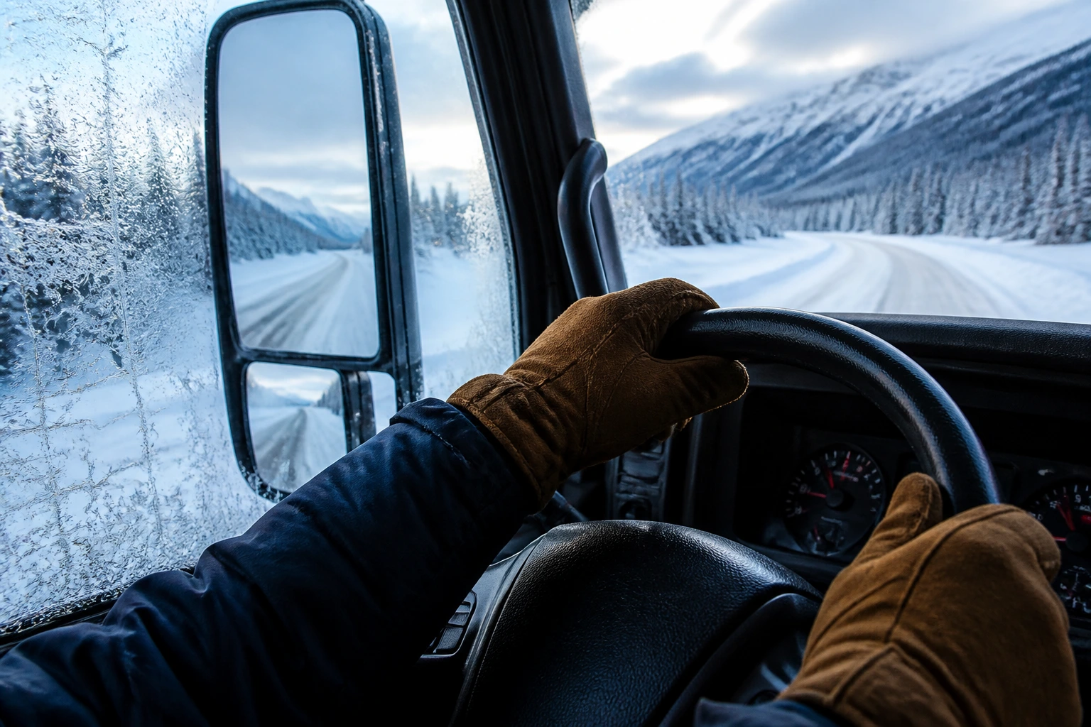 Gloved hands on steering wheel with frost and snow outside