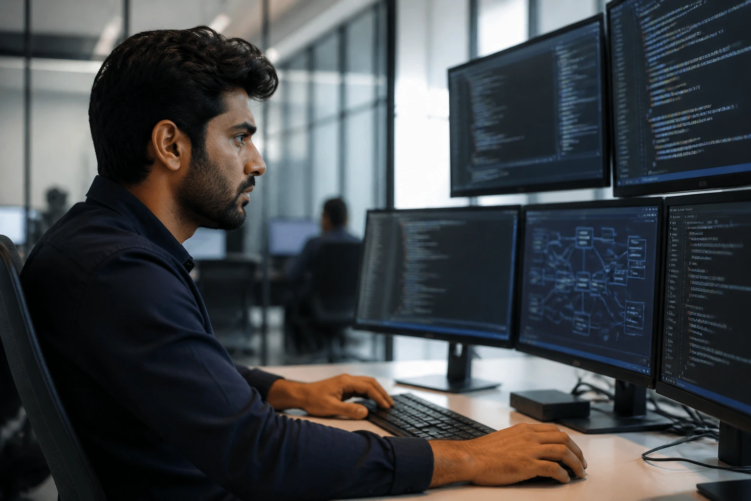 Software engineer at a workstation with abstract visuals on monitors in a tidy office