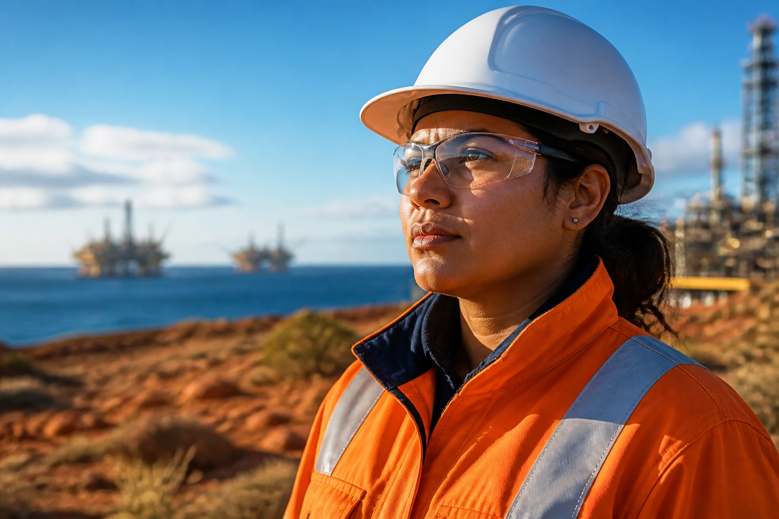 Close-up portrait of a Woodside Energy engineer in PPE at a remote WA energy site