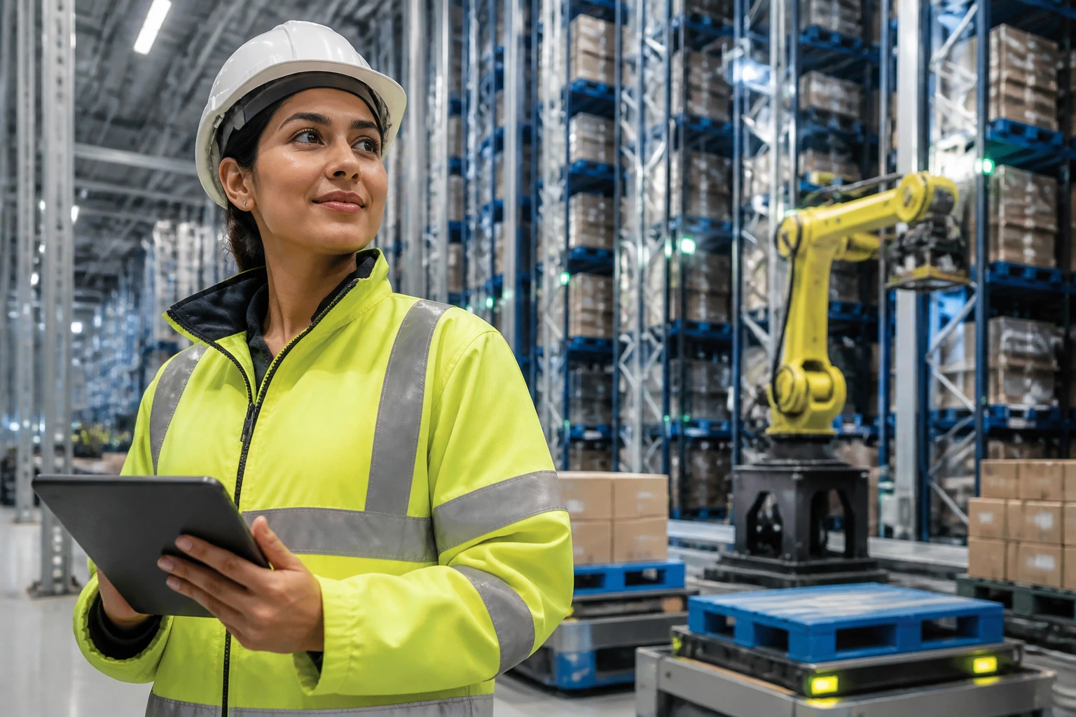 Mid-shot of a safety-equipped logistics analyst in a warehouse
