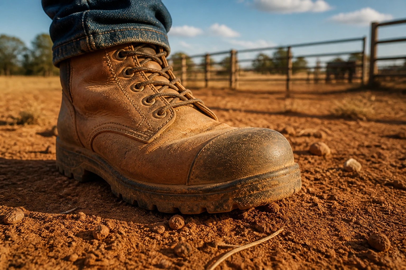 Steel-capped boot on dusty farm ground