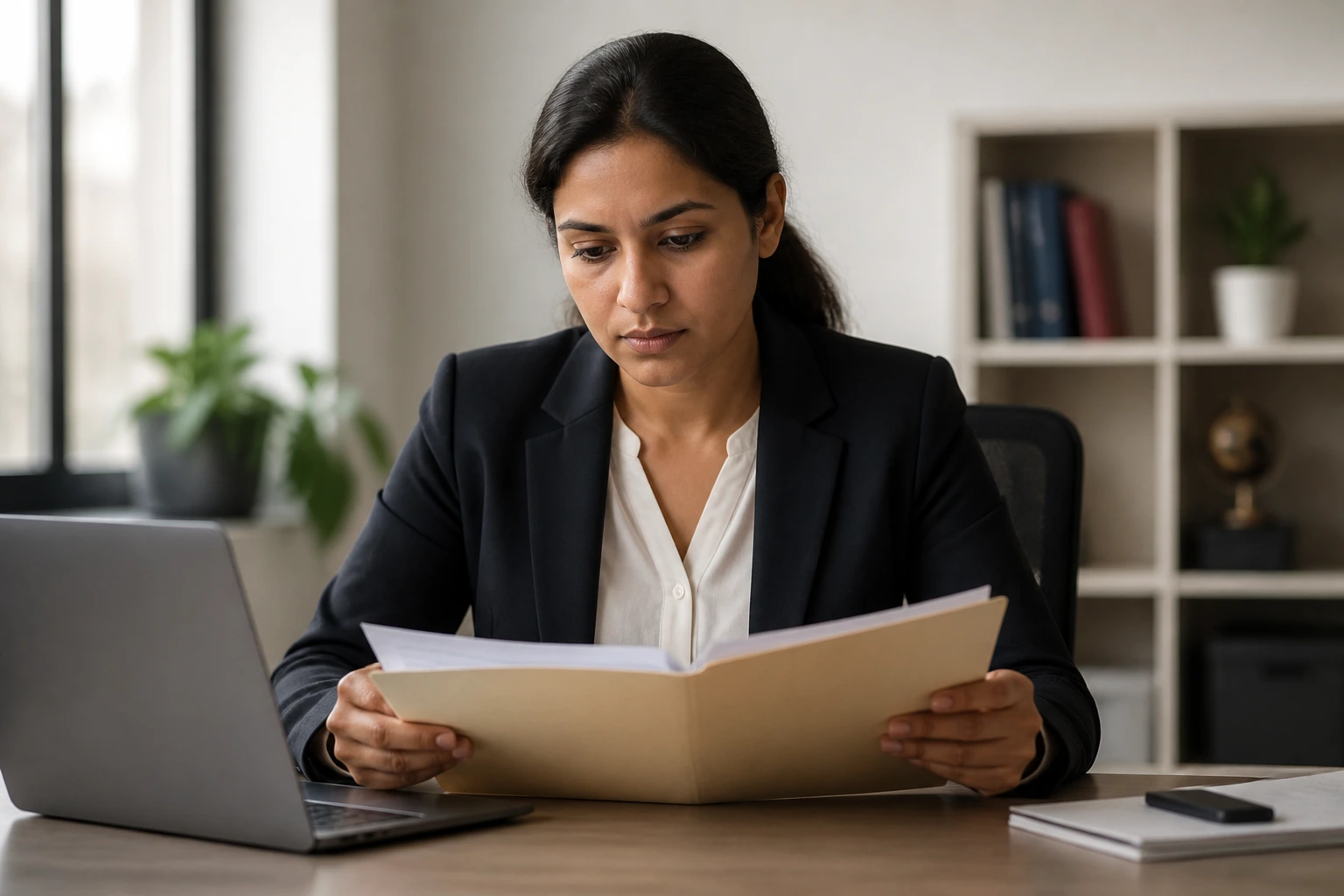 Portrait of a person at a desk contemplating work permit documents