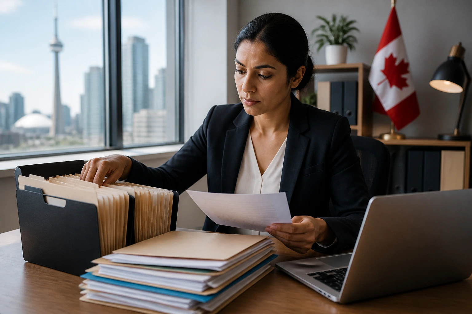 Professional organizing documents and laptop at desk