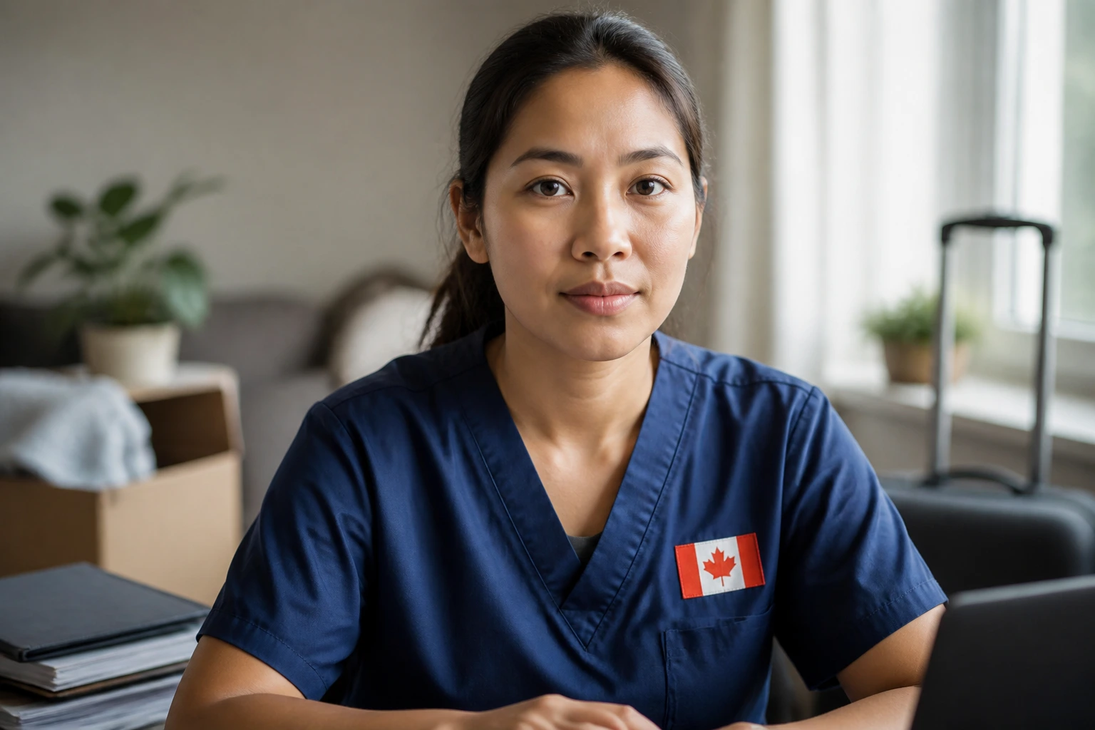 Close-up portrait of a real person with a Canadian flag, symbolizing relocation for work