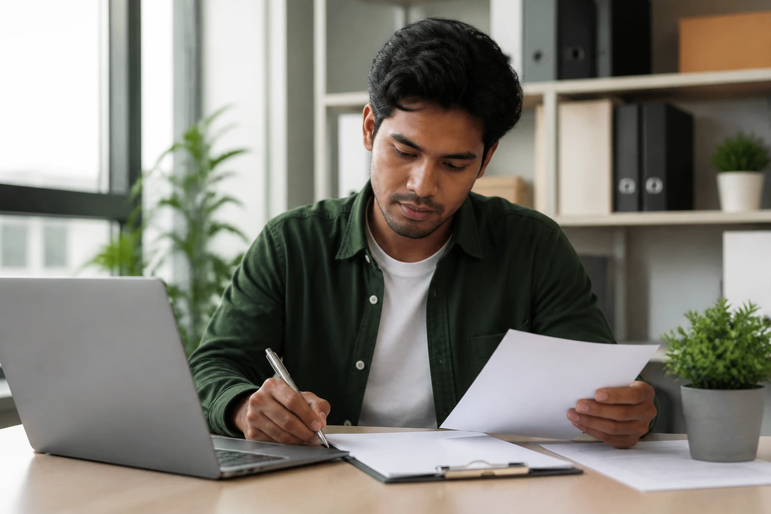 Person at desk reviewing work permit documents in an office