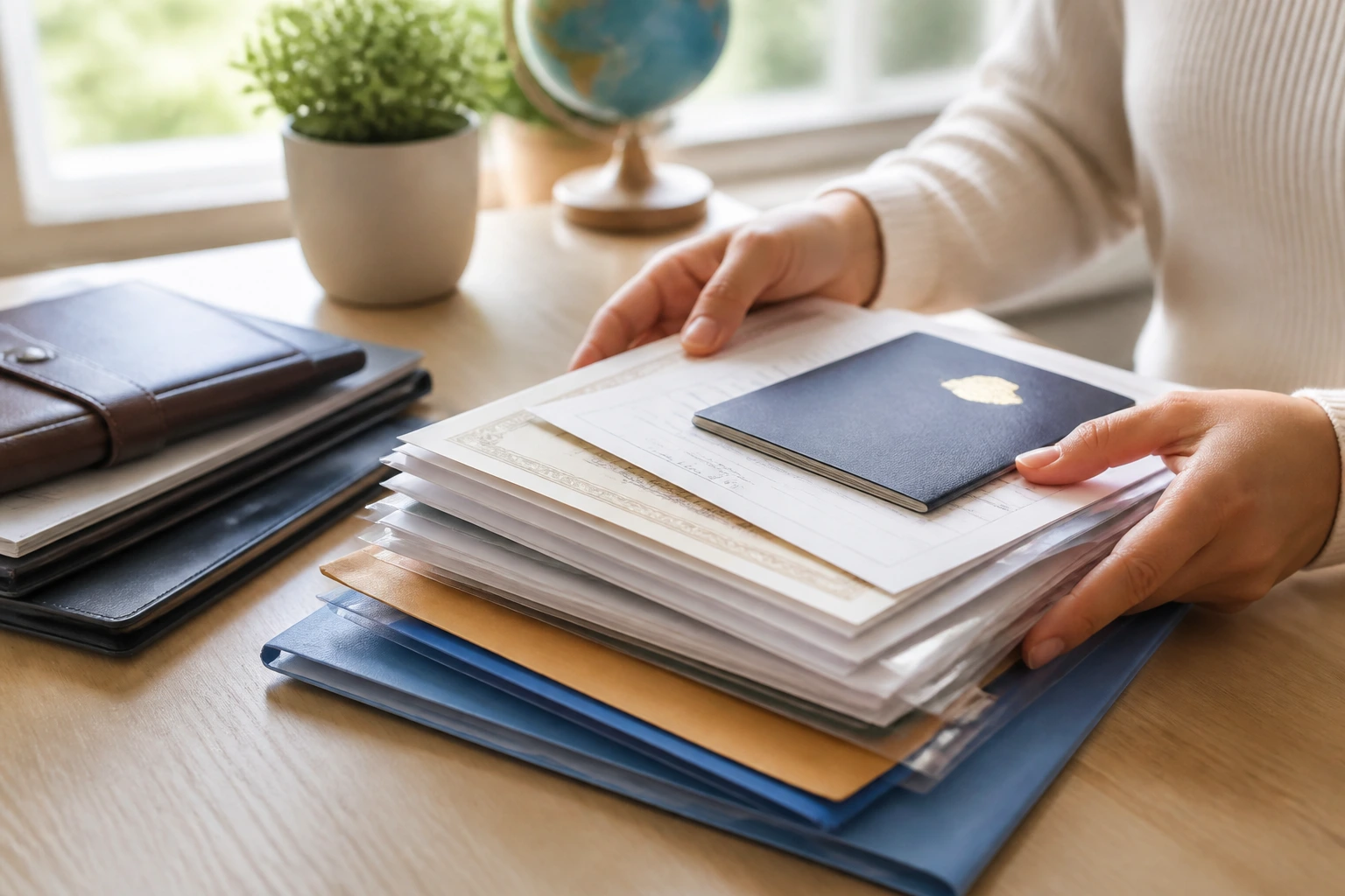 Close-up of documents and passport prepared for a Canadian work permit application on a desk